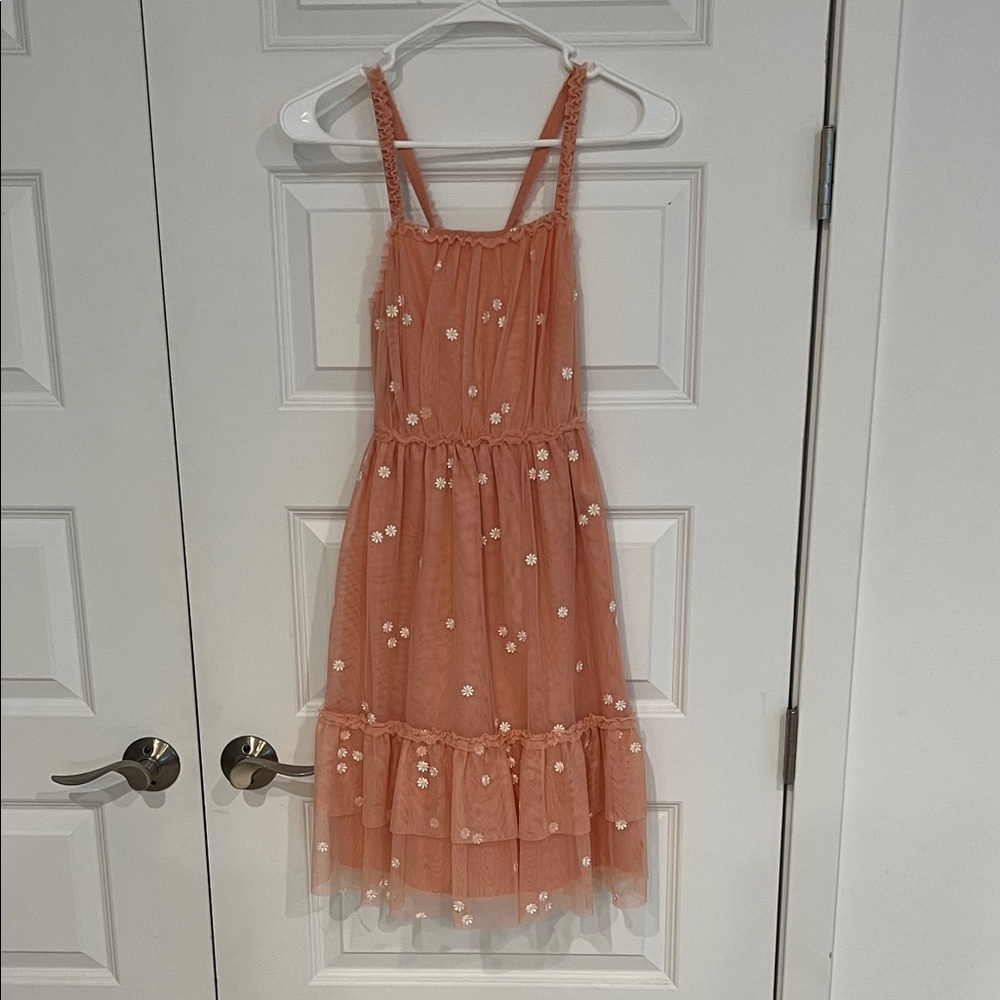 Cat and Jack Girls' Peach Floral Tulle Sundress - Sleeveless Ruffle Hem